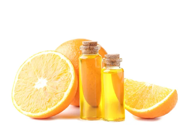 Aceite Naranja Botellas Aisladas Sobre Fondo Blanco —  Fotos de Stock