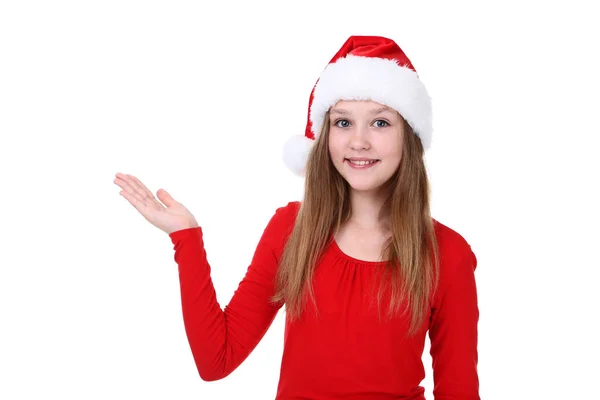 Jeune Fille Santa Chapeau Sur Fond Blanc — Photo