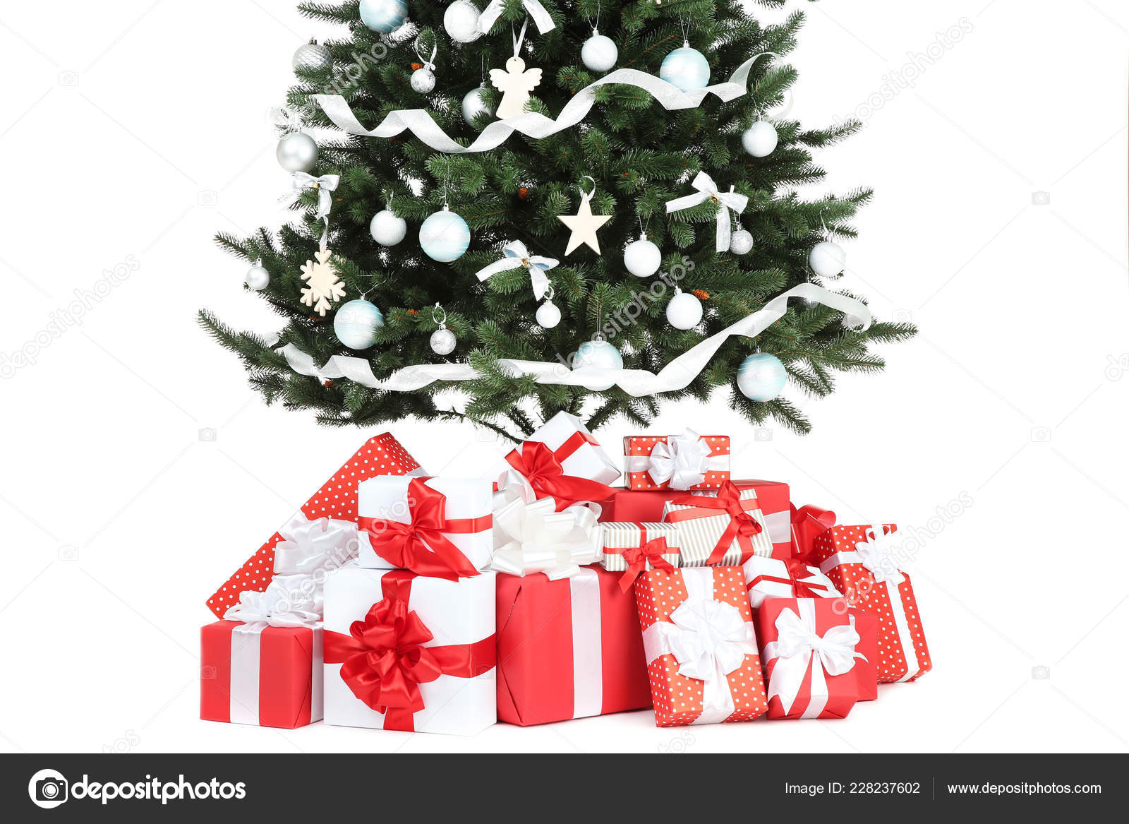 Christmas Tree Decorations Gift Boxes White Background Stock Photo by