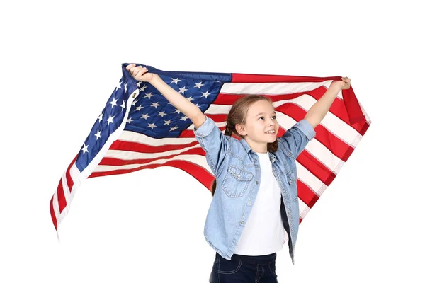 Jong Meisje Die Houdt Van Een Amerikaanse Vlag Witte Achtergrond — Stockfoto
