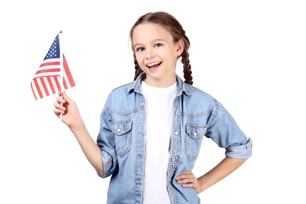 Young Girl Holding American Flag White Background — Stock Photo, Image