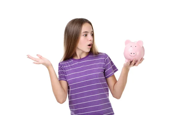 Young Girl Holding Pink Piggybank White Background — Stock Photo, Image