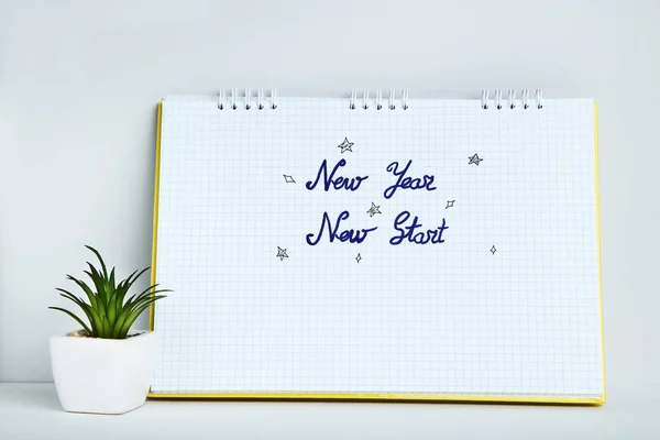 New year new start in notepad with green plant on grey background