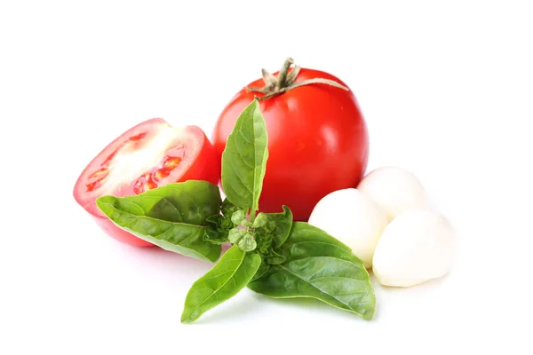 Mozzarella Tomates Feuilles Basilic Isolées Sur Fond Blanc — Photo