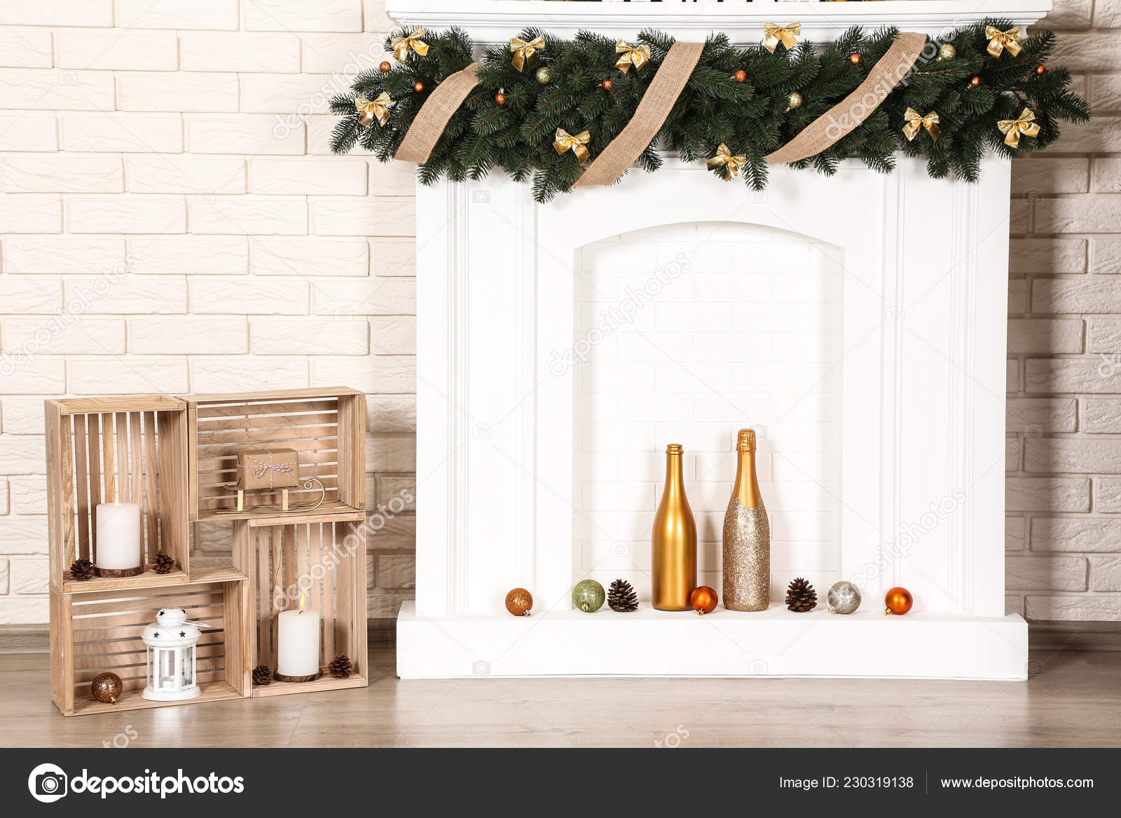 Christmas Decorations Fireplace Brick Wall Background Stock