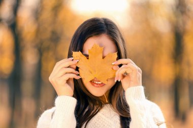Sonbahar park akçaağaç yaprağı tutan güzel kadın