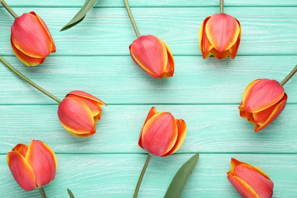 Bouquet Tulips Mint Wooden Table — Stock Photo, Image