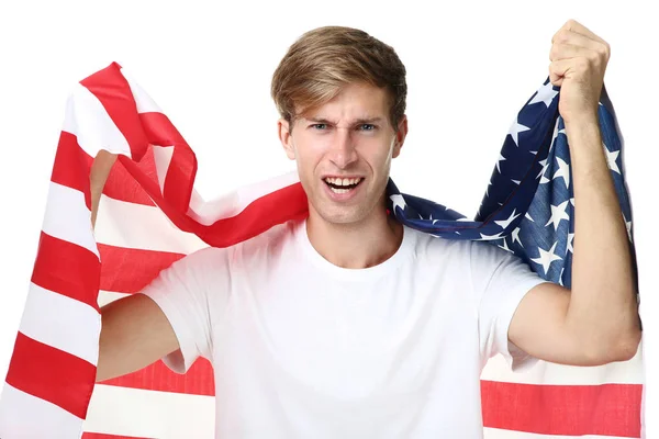 Jovem Segurando Uma Bandeira Americana Fundo Branco — Fotografia de Stock