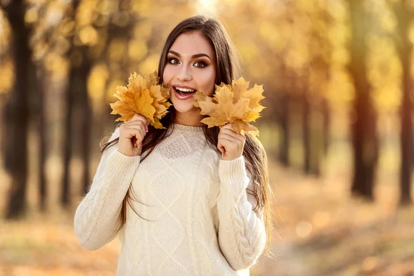 Mooie Vrouw Houdt Van Droge Esdoorn Bladeren Herfst Park — Stockfoto