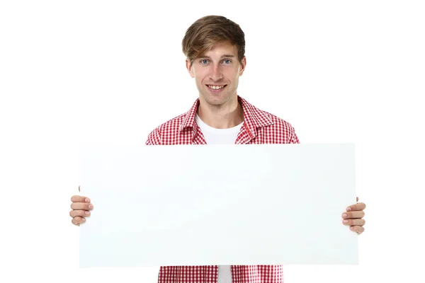 Junger Mann Mit Leerem Brett Auf Weißem Hintergrund — Stockfoto