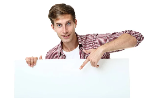 Young Man Holding Blank Board White Background — Stock Photo, Image