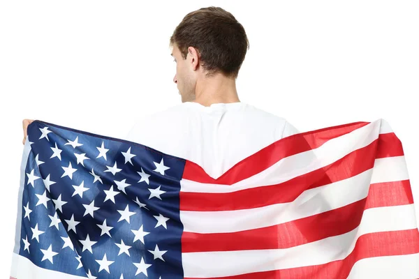Jonge Man Met Een Amerikaanse Vlag Witte Achtergrond — Stockfoto