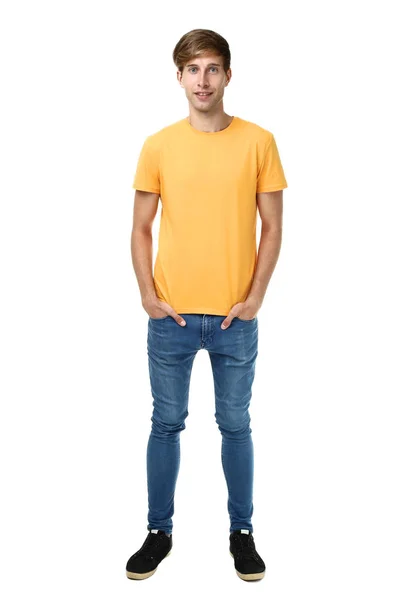 Mladý Muž Žluté Tričko Izolovaných Bílém Pozadí — Stock fotografie