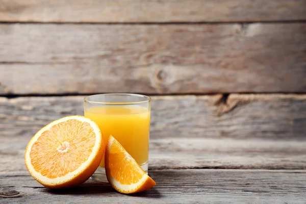 Orange Fruit Glass Juice Grey Wooden Table — Stock Photo, Image