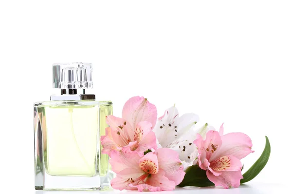 Frasco Perfume Com Flores Alstroemeria Sobre Fundo Branco — Fotografia de Stock