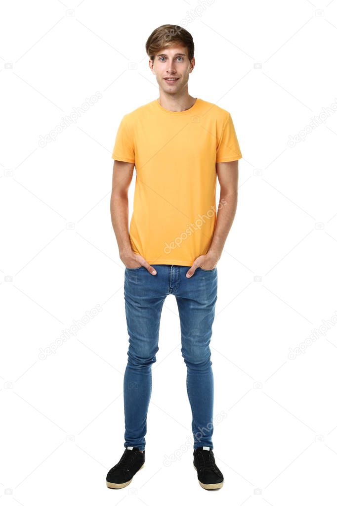 young man in yellow t-shirt isolated on white background
