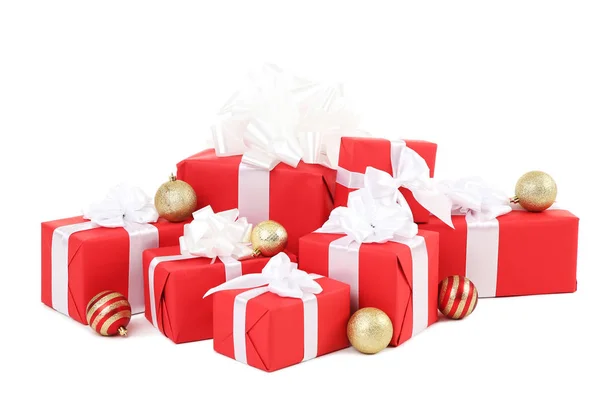 Coffrets Cadeaux Avec Boules Noël Isolés Sur Fond Blanc — Photo