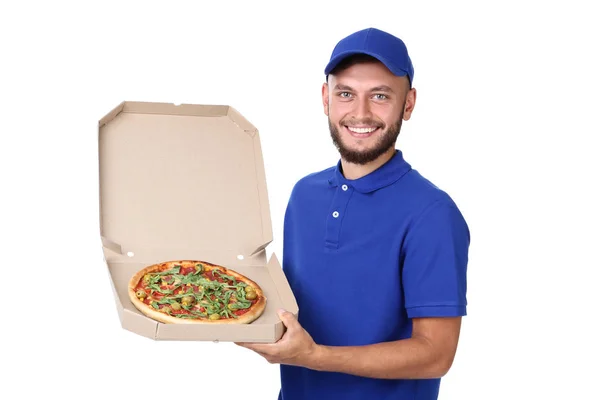 Levering Man Met Pizza Kartonnen Doos Geïsoleerd Witte Achtergrond — Stockfoto