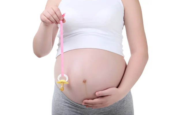 Pregnant Woman Holding Pacifier White Background — Stock Photo, Image