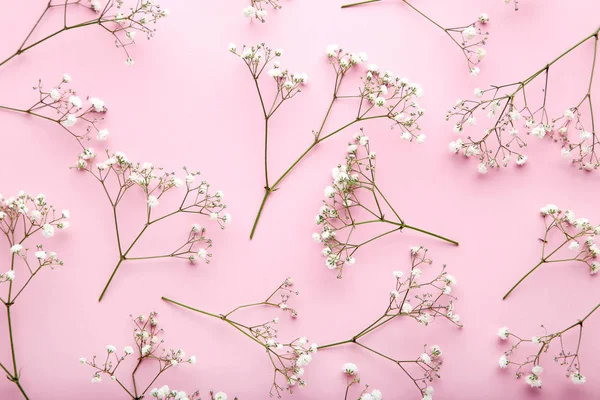 ピンク色の背景上に散在した花 — ストック写真