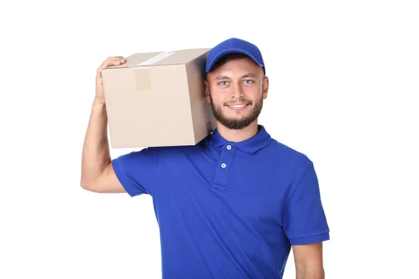 Consegna Uomo Con Scatola Cartone Isolato Sfondo Bianco — Foto Stock