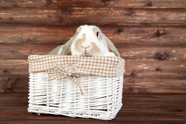 Schönes Kaninchen Korb Auf Braunem Holztisch — Stockfoto