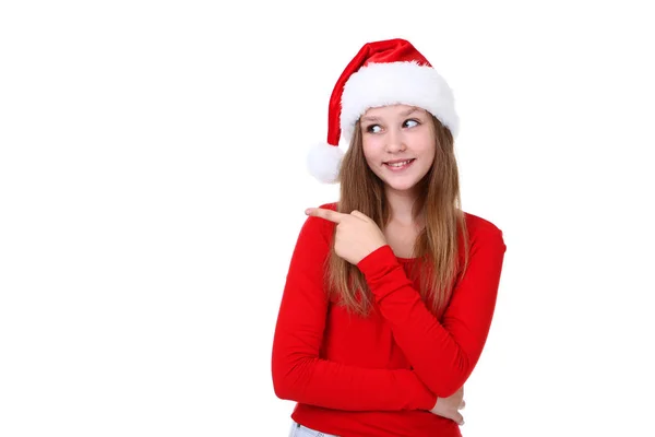 Giovane Ragazza Cappello Babbo Natale Sfondo Bianco — Foto Stock