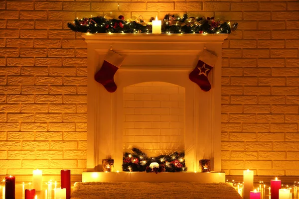 White Decorated Fireplace Candles Brick Wall Background — Stock Photo, Image