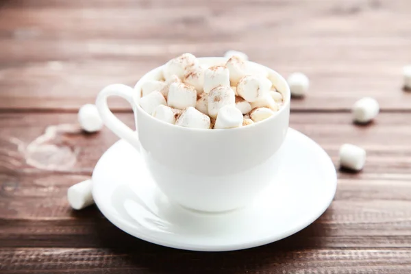 Cappuccino Marshmallows Cup Brown Wooden Table — Stock Photo, Image