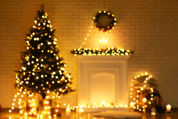 Blurred Background Decorated Fireplace Christmnas Tree — Stock Photo, Image