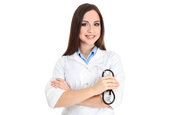 Retrato Jovem Médico Com Estetoscópio Sobre Fundo Branco — Fotografia de Stock