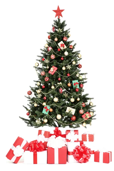 Χριστουγεννιάτικο Δέντρο Στολίδια Και Κιβώτια Δώρων Που Απομονώνονται Λευκό Φόντο — Φωτογραφία Αρχείου