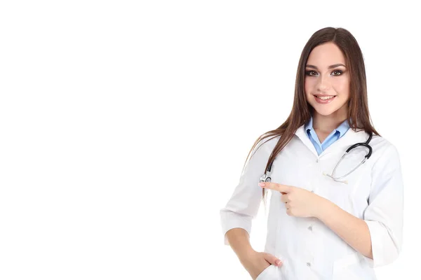 Retrato Jovem Médico Com Estetoscópio Sobre Fundo Branco — Fotografia de Stock