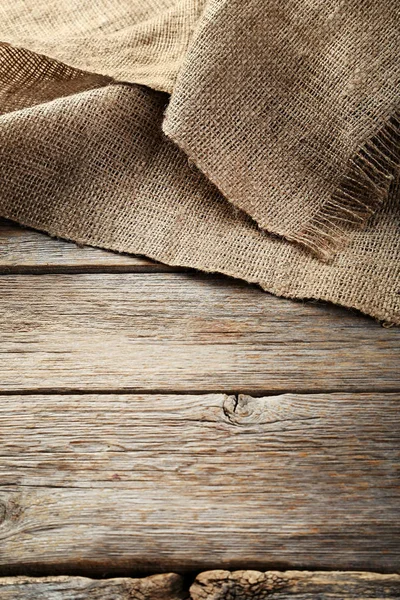 Sackcloth Textuur Grijs Houten Tafel — Stockfoto