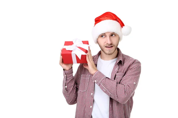 Νεαρός Άνδρας Καπέλο Santa Κρατώντας Κουτί Δώρου Που Απομονώνονται Λευκό — Φωτογραφία Αρχείου