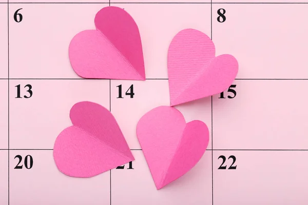 Coeurs Roses Sur Calendrier Février — Photo