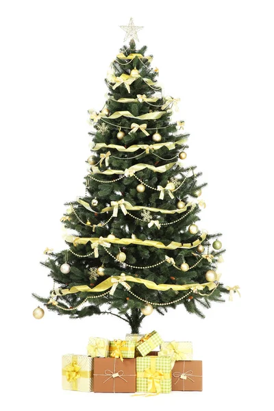Árbol Navidad Con Decoraciones Cajas Regalo Aisladas Sobre Fondo Blanco — Foto de Stock