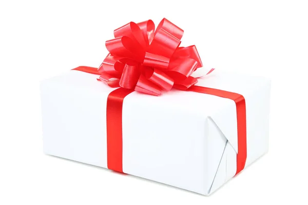 Κουτί Δώρου Κορδέλα Που Απομονώνεται Λευκό Φόντο — Φωτογραφία Αρχείου