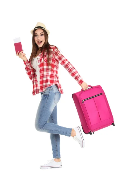 Young Girl Suitcase Passport Isolated White Background — Stock Photo, Image