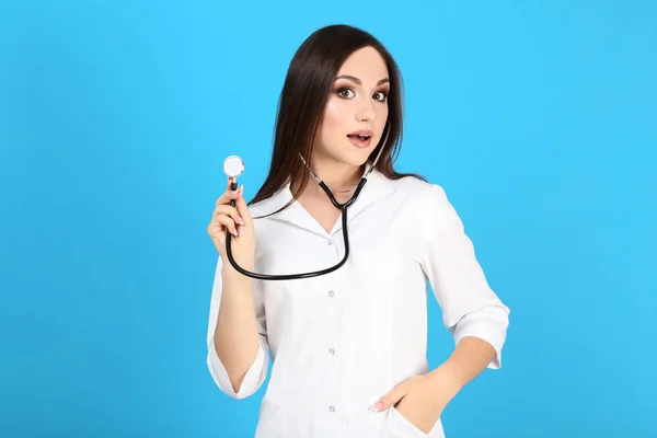 Portrait Young Doctor Stethoscope Blue Background — Stock Photo, Image