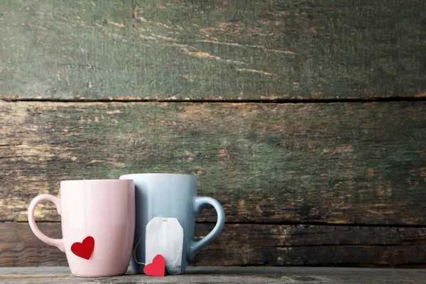 Cups Tea Red Hearts Teabag Wooden Background — Stock Photo, Image