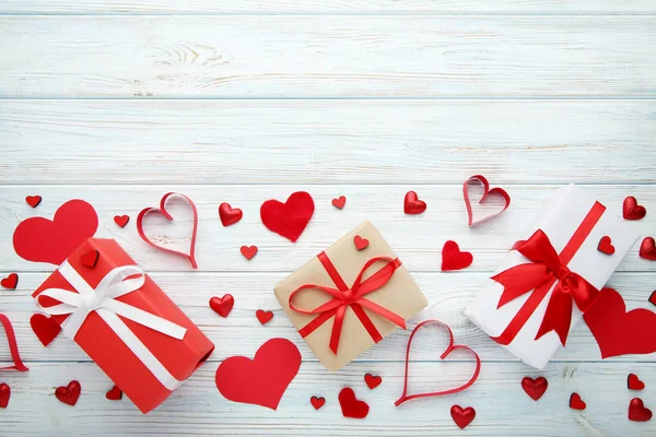 Gift Boxes Red Hearts Wooden Table — Stock Photo, Image