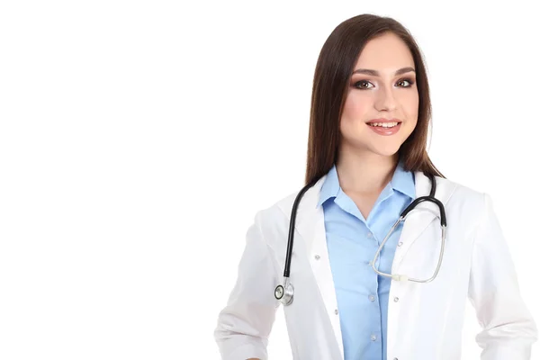 Retrato Jovem Médico Com Estetoscópio Sobre Fundo Branco — Fotografia de Stock