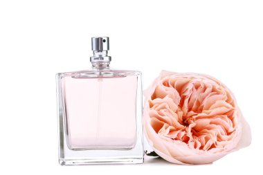 Beyaz arka plan üzerinde parfüm şişesi şakayık ile yükseldi