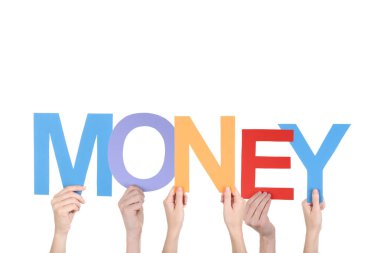 Beyaz arka plan üzerinde kelime para holding eller