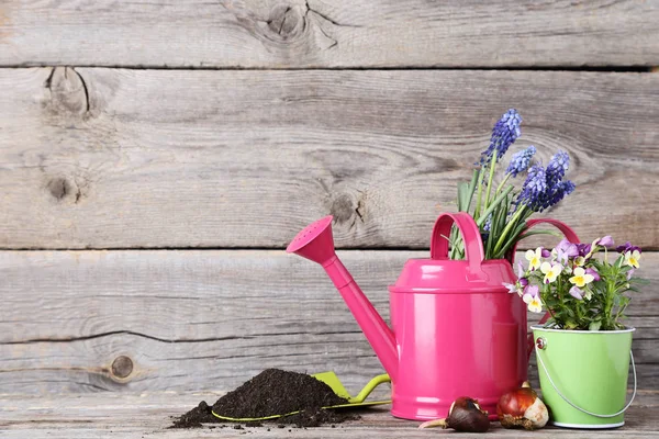 Gartengeräte Mit Blumen Auf Holztisch — Stockfoto