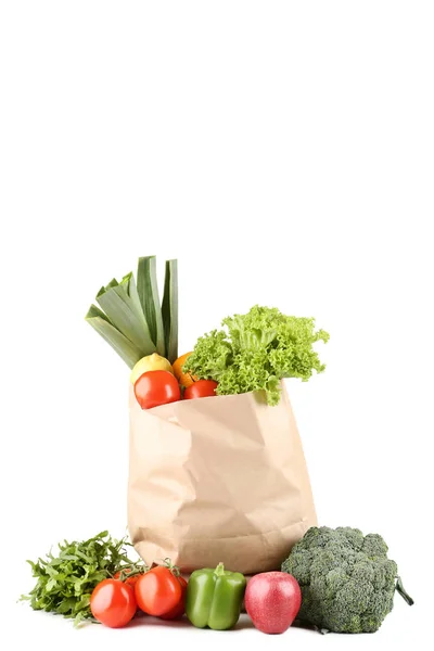 Bolsa Compras Comestibles Con Alimentos Aislados Sobre Fondo Blanco — Foto de Stock
