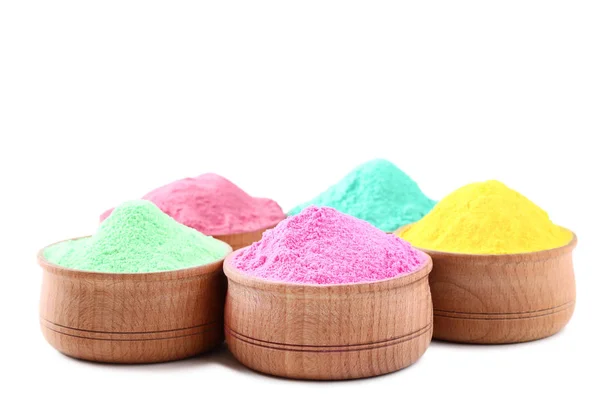 Färgglad Holi Pulver Skålar Vit Bakgrund — Stockfoto