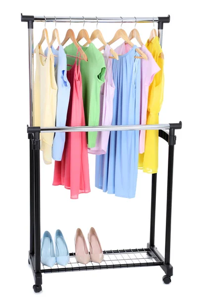 Clothes Hanging Wooden Hanger High Heeled Shoes — Stock Photo, Image
