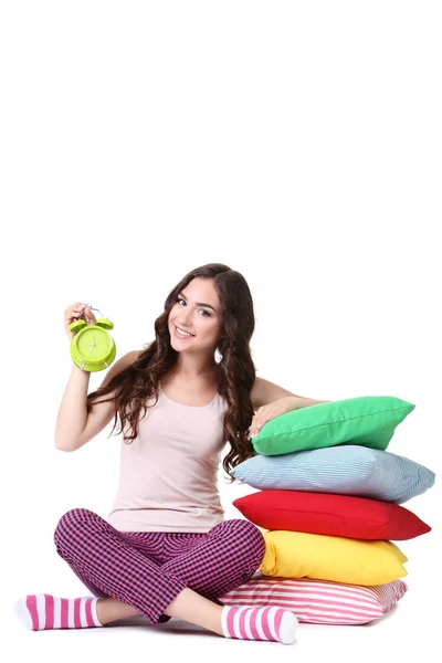 Menina Bonita Com Despertador Travesseiros Coloridos Fundo Branco — Fotografia de Stock